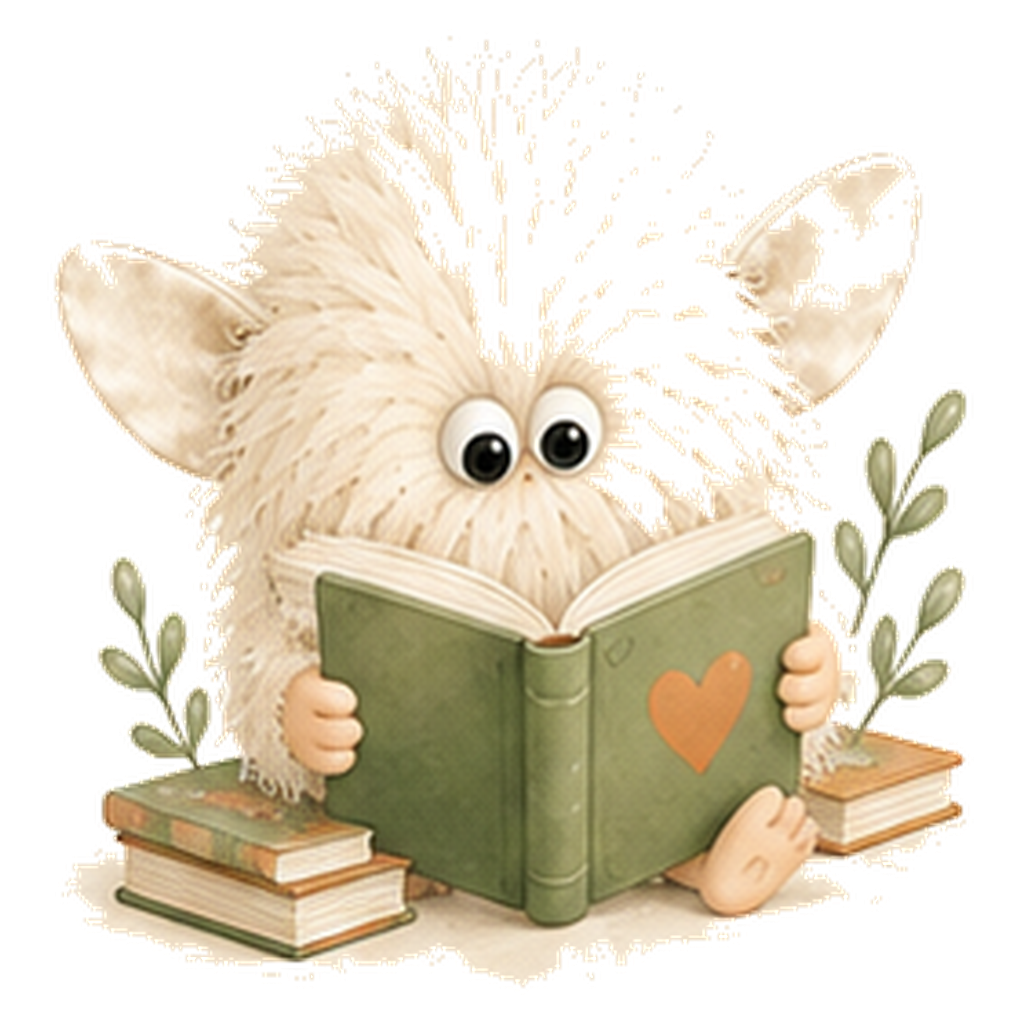Pimousse, la mascotte de Bulle de Mots, lit un album au milieu d'une pile de livres